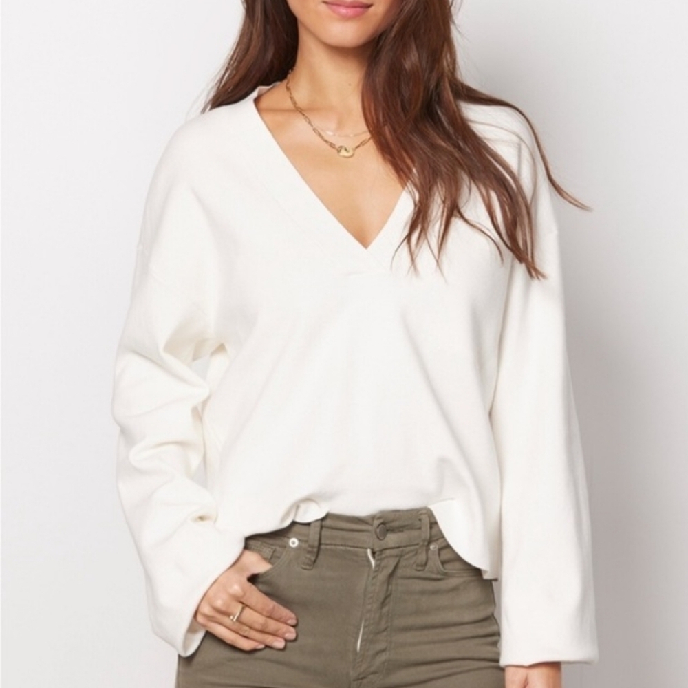Good American V-neck Boxy Cotton Blend Sweater In Ivory L/XL NWT